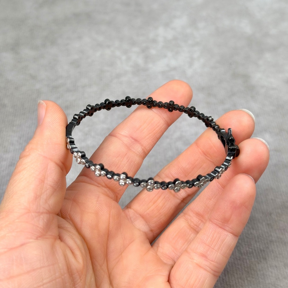 Freida Rothman Sterling Silver Black Rhodium CZ Clover Oval Bangle Bracelet